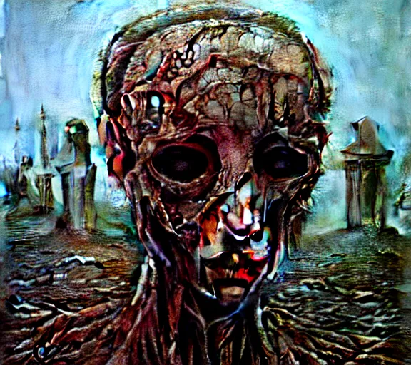 Image similar to face shredded like paper as skin peeling scream, dark, surreal, highly detailed horror dystopian surreal painting of eerie head statues and buildings by zdzisław beksinski, creepy, atmospheric, unsettling