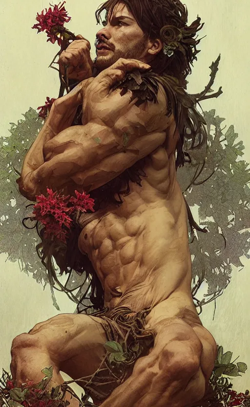 Image similar to god of the forest, 3 0 years old, rugged, handsome, male, detailed face, clean lines, atmospheric lighting, amazing, full body, thighs, flowers, muscular, intricate, highly detailed, digital painting, deviantart, concept art, sharp focus, illustration, art by greg rutkowski and alphonse mucha