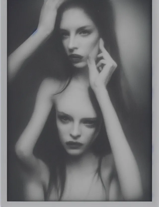 Image similar to polaroid photo with flash, beautiful albinist model, polaroid photo bleached strong lights, kodak film stock, hyper real, stunning moody cinematography, with anamorphic lenses, by maripol, detailed