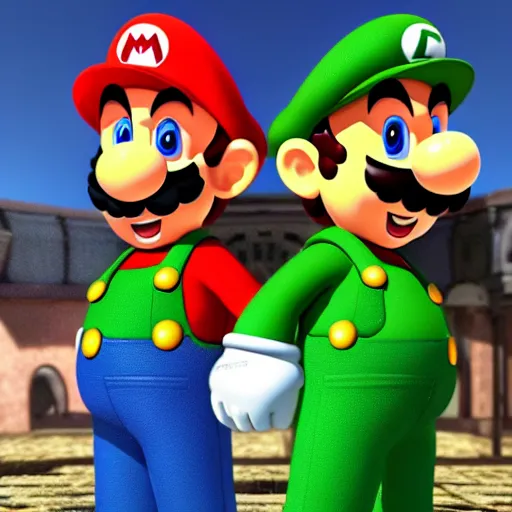 Image similar to Mario and Luigi wearing Hermes suits, photorealistic, ultra-detailed, 4k high resolution, HDR shot