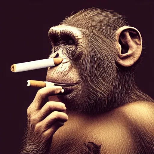 Image similar to a high detail photo of donald trump smoking a cigarrette, subject= chimp, subject detail: extremly detailed, subject action: smoking a cigar, photorealism, dramatic lighting, award winning photograph, trending on artstation