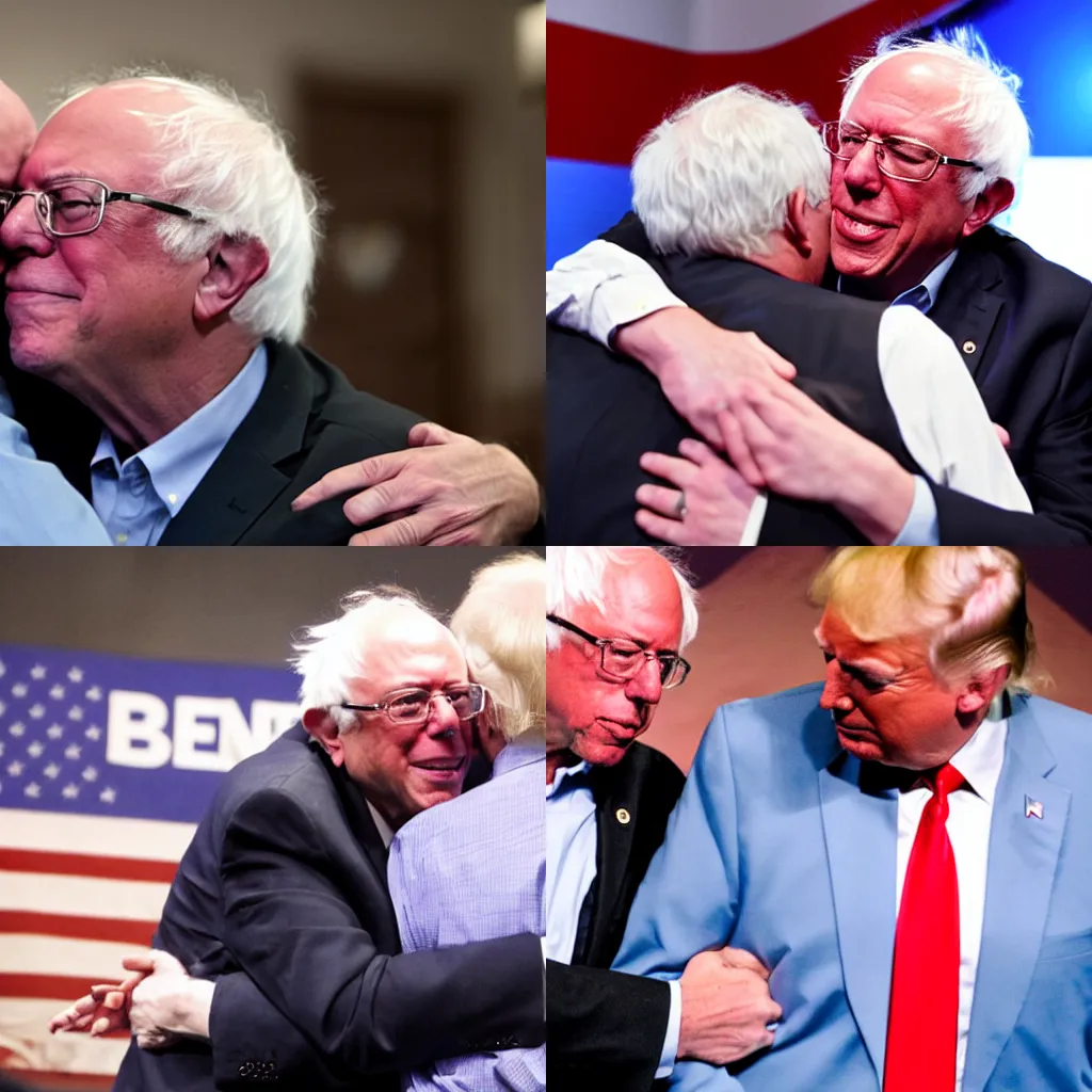 Prompt: Bernie Sanders hugging Donald Trump, studio photo