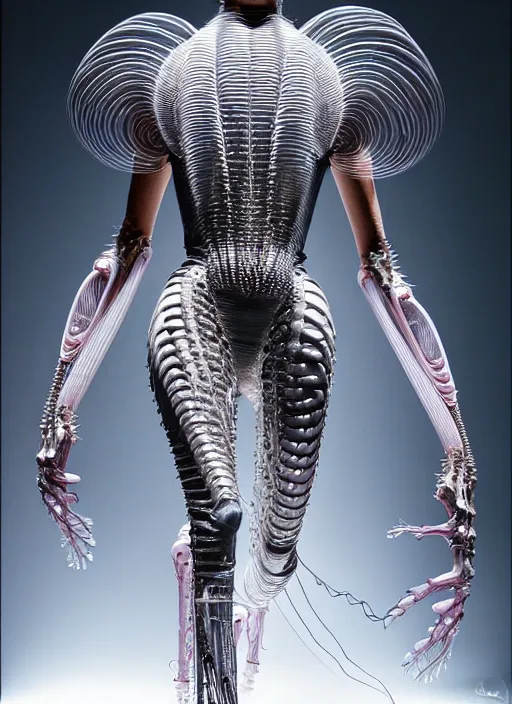 Image similar to walking down the catwalk, show, stage, vogue photo, podium, fashion show photo, iris van herpen, beautiful woman, full body shot, masterpiece, inflateble shapes, alien, giger, plant predator, guyver, jellyfish, wires, veins, white biomechanical details, wearing epic bionic cyborg implants, highly detailed