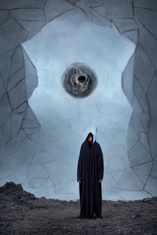 Prompt: dark hooded wraith, standing in front of hyper dimension portal into another realm, epic surrealism 8k oil painting, perspective, high definition, post modernist layering, by Sean Yoro, Peter Kemp