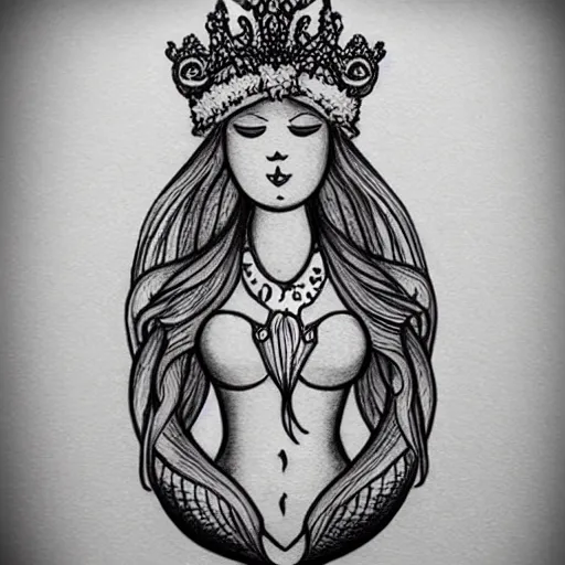 Image similar to a peaceful meditative mermaid wearing a crown, full body, highly detailed new school tattoo design