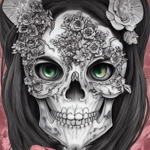 Image similar to anime portrait of a girl skull face detailed highres 4k by Trevor Brown and James Jean pop art nouveau