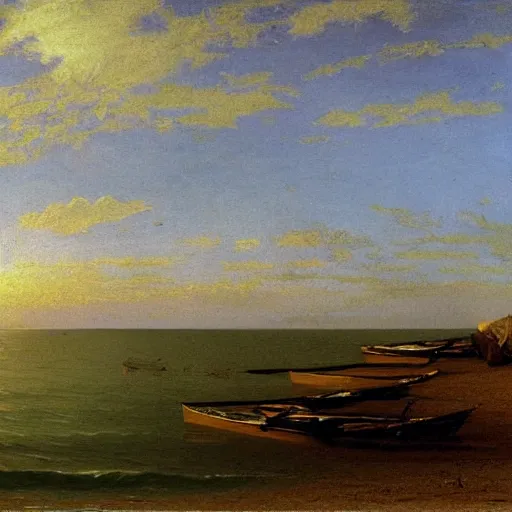 Prompt: An oil painting of lost kayak paddles on a New England beach, by Albert Bierstadt, 1858.