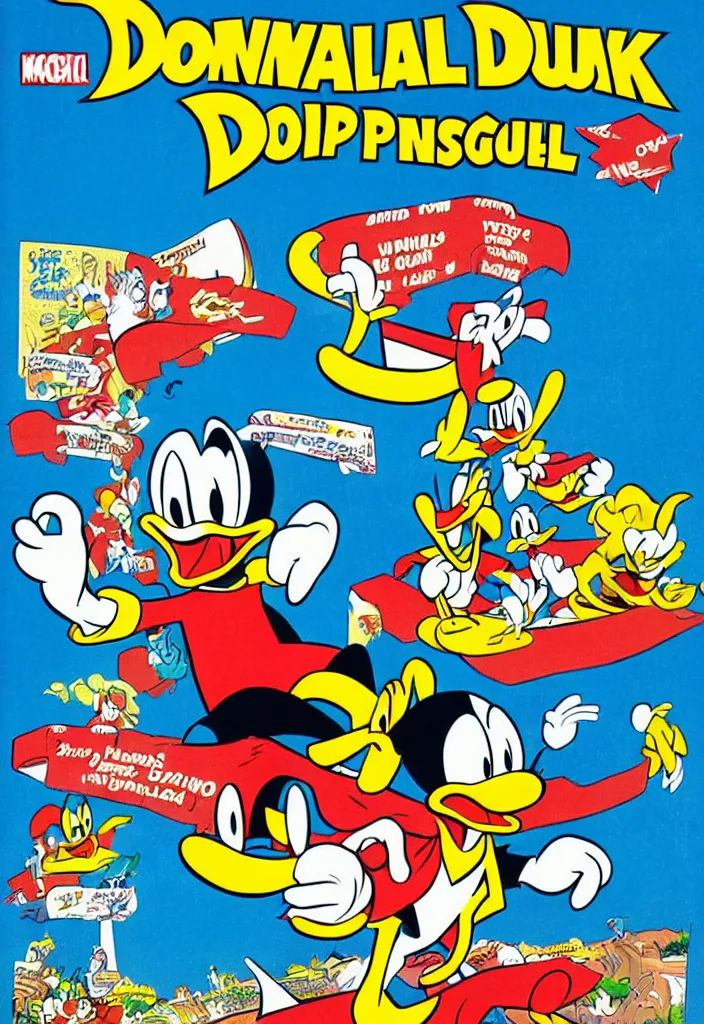 Prompt: donald duck's trip to vegas, comic book cover by carl barks