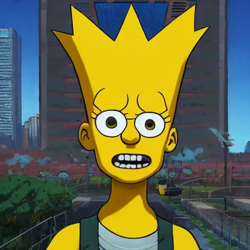 Image similar to highly detailed portrait bart simpson, in gta v, stephen bliss, unreal engine, fantasy art by greg rutkowski, loish, rhads, ferdinand knab, makoto shinkai and lois van baarle, ilya kuvshinov, rossdraws, tom bagshaw, global illumination, radiant light, detailed and intricate environment