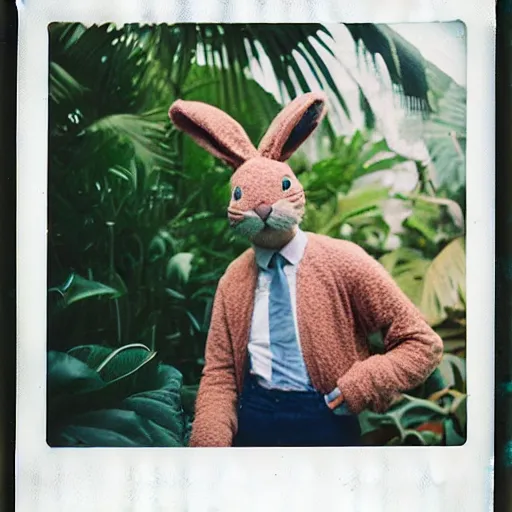 Image similar to grainy head to shoulder portrait Polaroid film photograph of a man wearing a bunny costume in a tropical greenhouse. looking at the camera!!. super resolution. Extremely detailed. Polaroid 600 film. by Annie Leibovitz and Richard Avedon