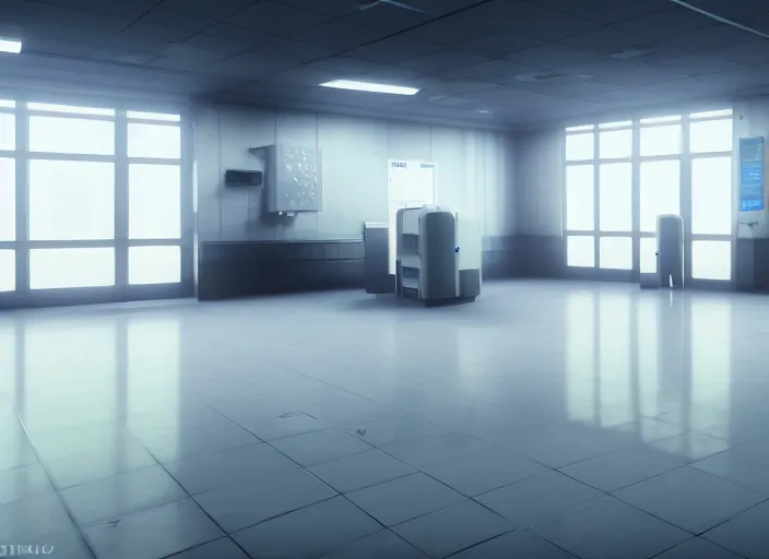 Image similar to cctv footage of a large white empty breakroom, retrofuturist liminal space, familiar place, clean, black mold, amateur, unreal engine, photorealistic, trending on artstation