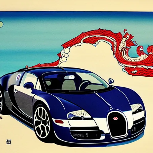 Image similar to ukiyoe painting of a bugatti veyron, highly detailed