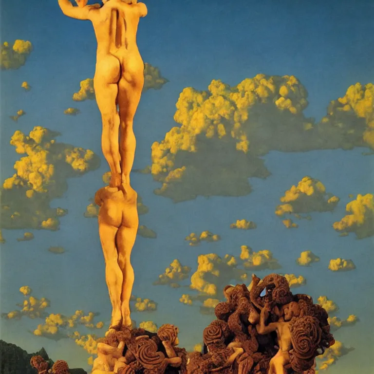 Prompt: A Monumental Public Sculpture of a 'Triumphant Hercules made of Sea Anemone' on a pedestal by the lake, surreal oil painting by Maxfield Parrish and Max Ernst shocking detail hyperrealistic!! Cinematic lighting