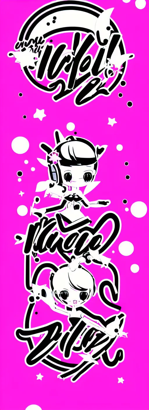 Image similar to digital illustration, kawaii cyber pixie, vector typography logotype, white and black and fuchsia colors, y 2 k aesthetic, graphic design