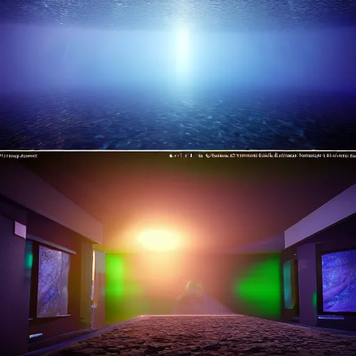 Image similar to 3d render underwater with brilliant lights. Caustics. 8k resolution. Unreal engine. Trending on artstation. Physics simulation.