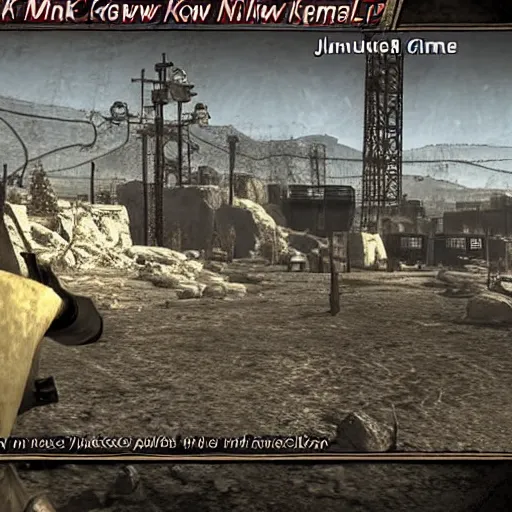 Prompt: Talking to an NPC named Janusz Korwin-Mikke in the game Fallout: New Vegas (2010), screenshot from Fallout: New Vegas (2010)