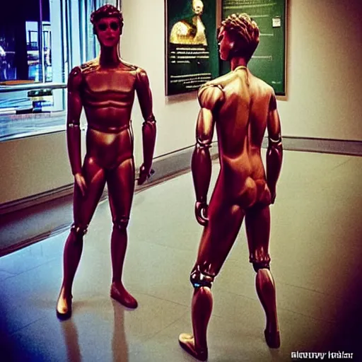 Image similar to “a realistic detailed photo of a guy who is an attractive humanoid who is half robot and half humanoid, who is a male android, British diver Jack Laugher & Chris Mears, shiny skin, posing like a statue, blank stare, at the museum, on display”