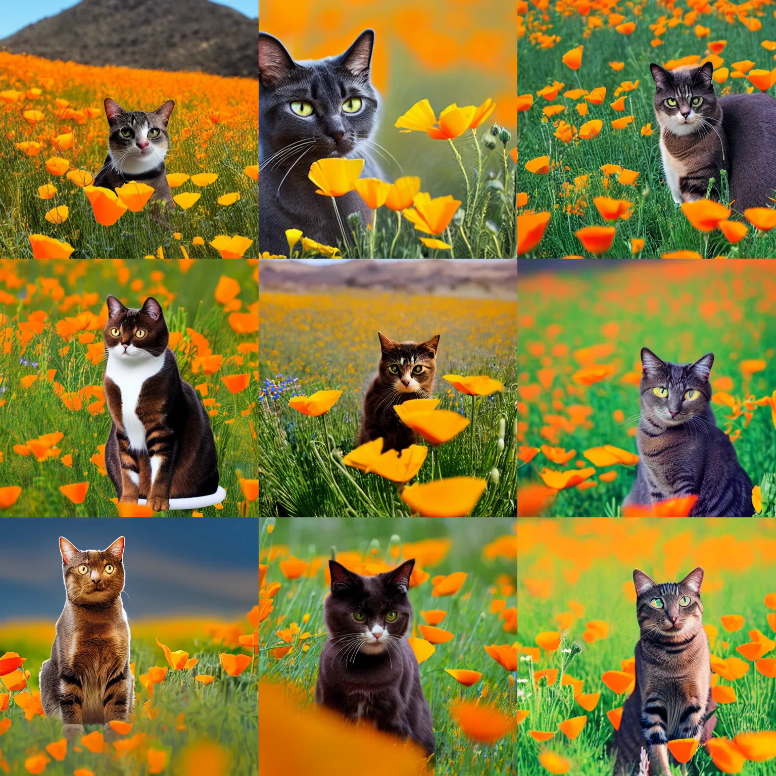 Prompt: adobe capture image of a cat sitting in california poppies field