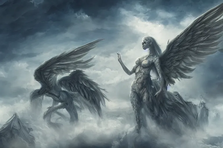 Prompt: monstrous angels descending from the sky as people praise them, digital painting, mixed media, trending on artstation and deviantart, epic composition, highly detailed, 8 k