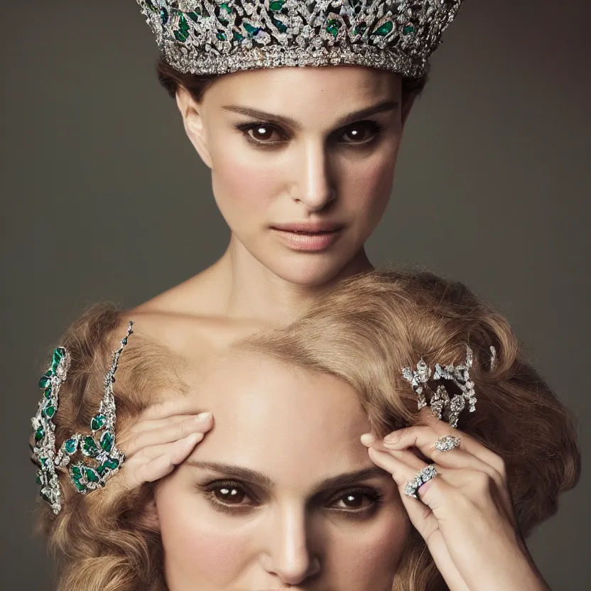 Image similar to natalie portman as the queen of england, big crown adorned with emerald, diamonds, topaz and other jewellaries, sensual, beautiful soft light failling on her face, studio photography, nikon 3 5 mm portrait photography, ultra realistic