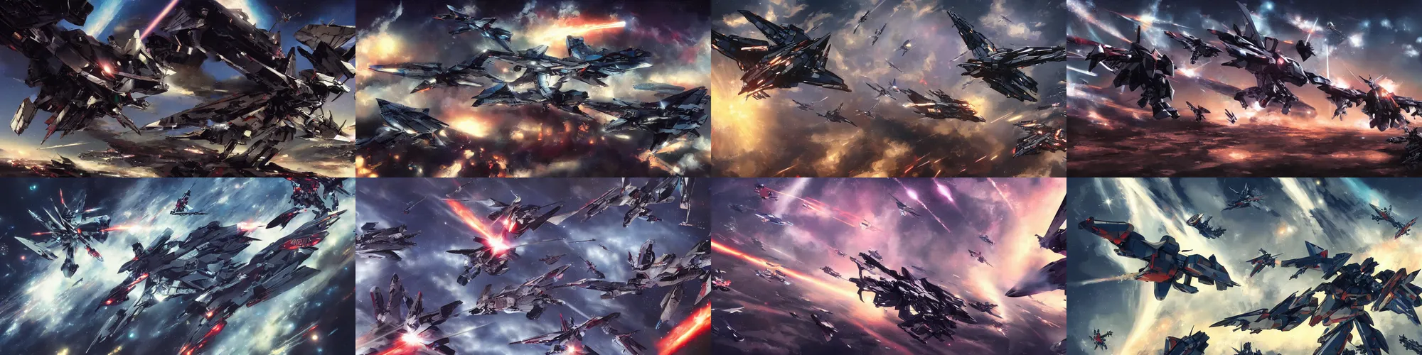 Prompt: Air fight, jet fighter, explosion, mecha, gundam, dark color, dusk and stars at night, detailed, art by Stephan Martiniere, 4k resolution