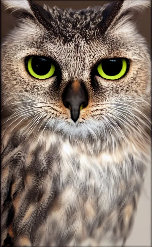 Prompt: half cat, half owl, big cute eyes, realism, photo, 8k, detailed, high quality