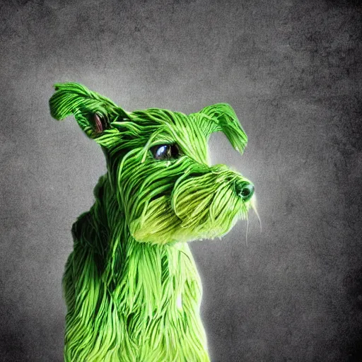 Prompt: green spaghetti dog cat hybrid photograph