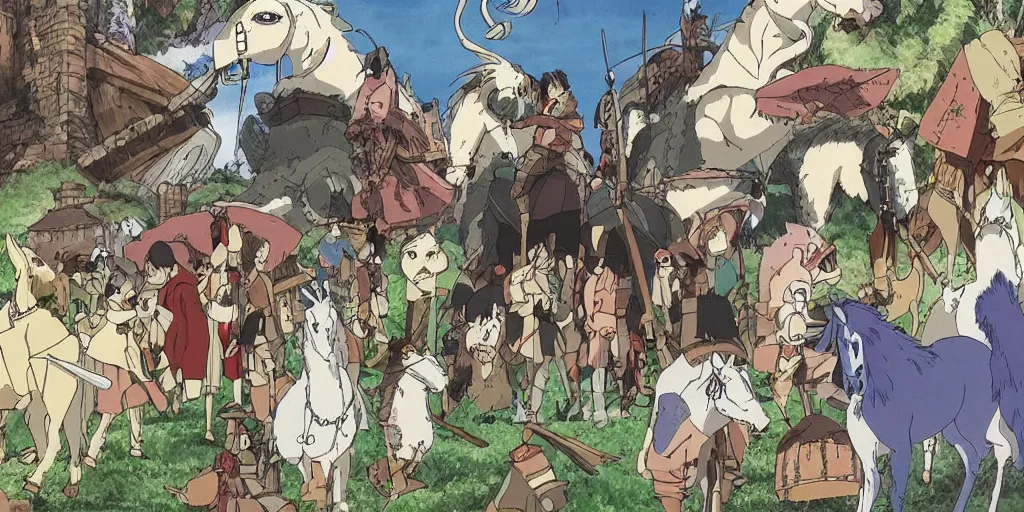 Image similar to war, horses, knights, king, a magical palace on a mountain, miyazaki's animated film, ghibli studio, spirited away, princess mononoke,