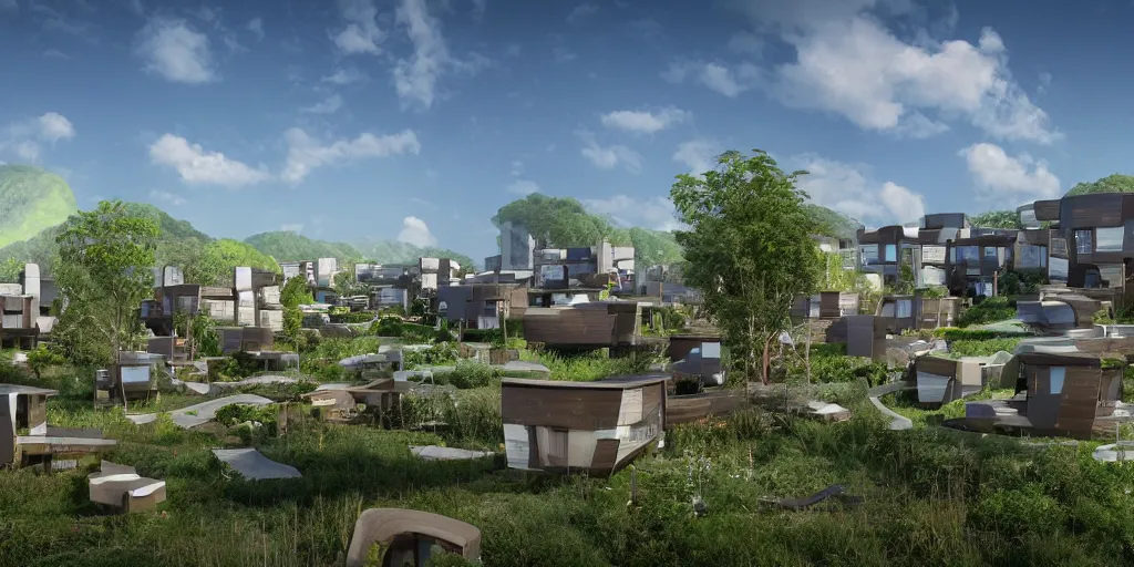 Image similar to futuristic eco-village with high diversified houses, solarpanels and integrated in nature, opposite of urban sprawl, forte gimenes marcondes ferryz arquitetos detailed, octane render, photo realism, 3D, ray tracing, photo realism