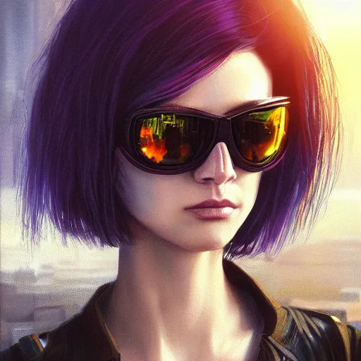 Prompt: portrait of a young beautiful cyberpunk woman, sunglasses, shag haircut, street samurai, sunset, neuromancer, cyberpunk city background, megacity, gorgeous view, depth, painted by seb mckinnon, high detail, digital art, painted by greg rutkowski, trending on artstation