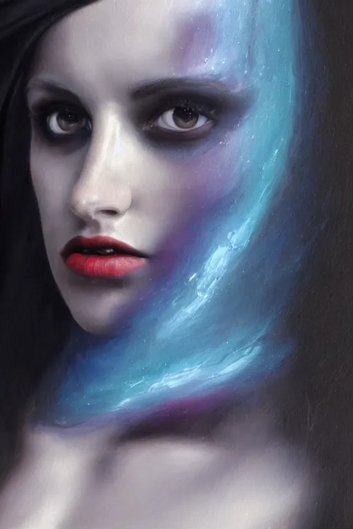 Image similar to hyperrealism oil painting, close - up portrait of european medieval brunette vampire fashion model, knight, steel gradient mixed with nebula sky, in style of baroque