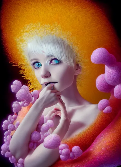 Image similar to hyper detailed 3d render like a Oil painting - kawaii portrait Aurora (white haired Singer Ferret) seen Eating of the Strangling network of yellowcake aerochrome and milky Fruit and Her delicate Hands hold of gossamer polyp blossoms bring iridescent fungal flowers whose spores black the foolish stars by Jacek Yerka, Mariusz Lewandowski, Houdini algorithmic generative render, Abstract brush strokes, Masterpiece, Edward Hopper and James Gilleard, Zdzislaw Beksinski, Mark Ryden, Wolfgang Lettl, hints of Yayoi Kasuma, octane render, 8k