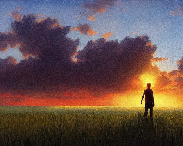 Image similar to a painting of a man standing in a field at sunset, a detailed matte painting by makoto shinkai, cgsociety, neo - primitivism, anamorphic lens flare, matte painting, global illumination