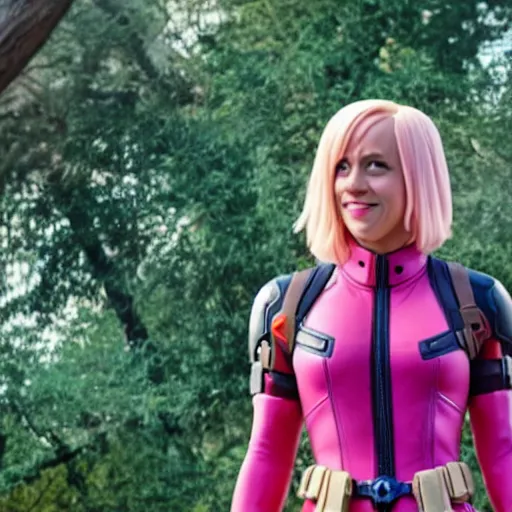 Image similar to A still of Gwenpool in Deadpool 3 (2023), blonde hair with pink highlights, no mask, white and light-pink outfit, smiling and winking at the camera