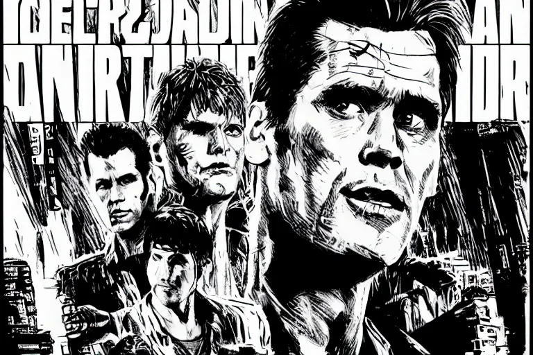 Prompt: jim carrey in the blade runner, a page from cyberpunk 2 0 2 0, style of paolo parente, style of mike jackson, adam smasher, johnny silverhand, 1 9 9 0 s comic book style, white background, ink drawing, black and white