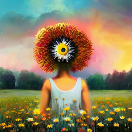 Image similar to giant daisy flower head, portrait of girl in flower field, holding daisy, surreal photography, sunrise, impressionist painting, colorful clouds, digital painting, artstation, simon stalenhag, flower face