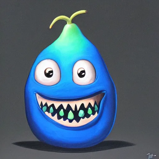 Prompt: A humanoid pear grinning monster, dark, blue light, black gradient background, oil painting