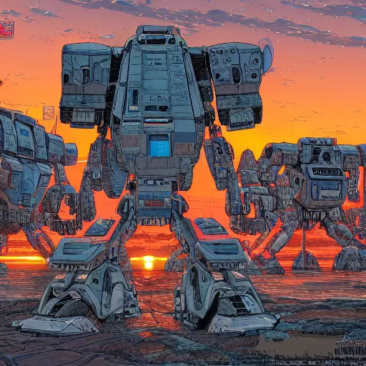 Image similar to hyper detailed comic illustration of a giant mechwarrior robot and the sunset in the distance, by Josan Gonzalez and Geof Darrow, highly detailed, 8k wallpaper