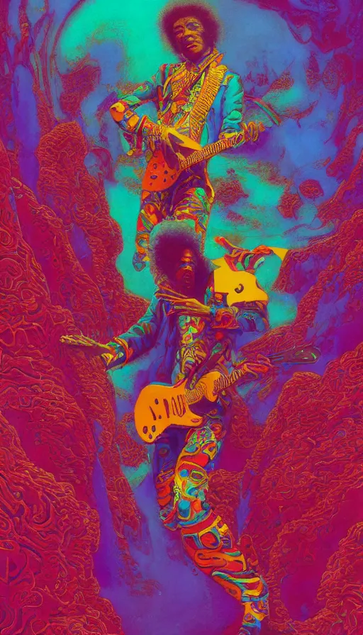 Prompt: jimi hendrix playing guitar, colourful biomorphic opart, octane render 8 k, pascal blanche, josh kirby, roger dean, james jean, giger, arthur rackham, moebius, syd mead, killian eng beksinski, greg hildebrandt, scifi, 8 k