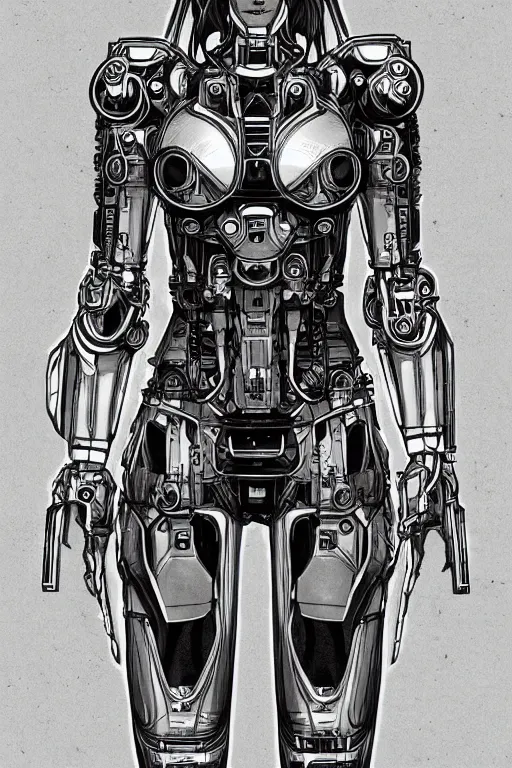 Image similar to full body illustration female cyborg, very symmetrical!! highly detailed, sumi - e art, suiboku - ga ink, by kim jisu, pen and ink monochrome, mecha, deviantart, artstation, pinterest