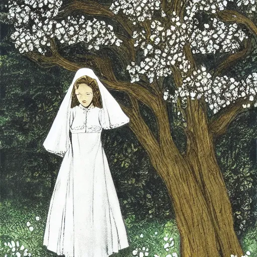 Prompt: a girl with a bridal veil covering her face. a tree of white flowers. folk. thomas hardy tess of the d'urbervilles. pastoral. gothic. vibrant. manga