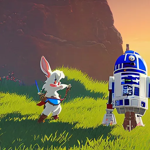 Prompt: a screencap of bugs bunny breath of the wild, of r 2 d 2 in breath of the wild