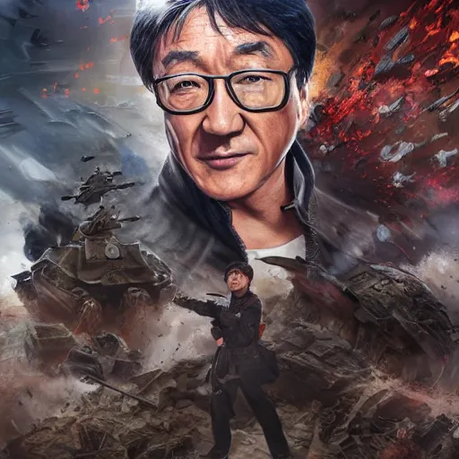 Prompt: Jackie Chan appears on the battlefield at the climax of the finno-korean hyperwar, by artgerm and wlop and scott fischer and seb mckinnon, digital art, highly detailed, wide shot, intricate, fantasy, mystical, sharp focus, Trending on Artstation HQ, deviantart, unreal engine 5, 4K UHD image