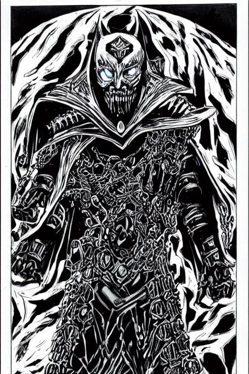 Prompt: black ink comic art eldritch portrait of a lich king cenobite by todd mcfarlane