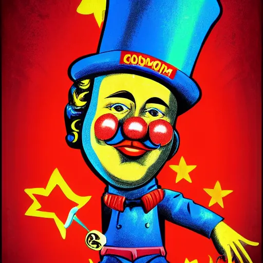 Image similar to champagne communist clown, soviet propaganda, vivid colors, poster art style, detailed image, saturated colors, dominating red, detailer portrait, male face