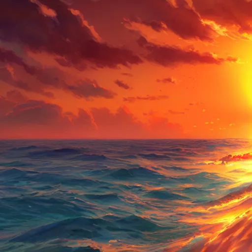 Image similar to a beautiful illustration of the ocean at sunrise by Makoto Shinkai