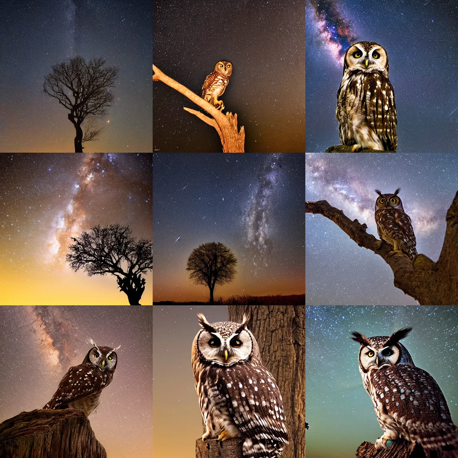 Prompt: owl sitting in a tree with the milky way in the background, photography, national geographic, award winning