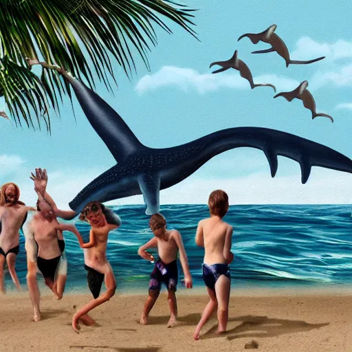 Image similar to terrifying plesiosaur attacking swimmers at the beach. detailed, realistic, photograph.