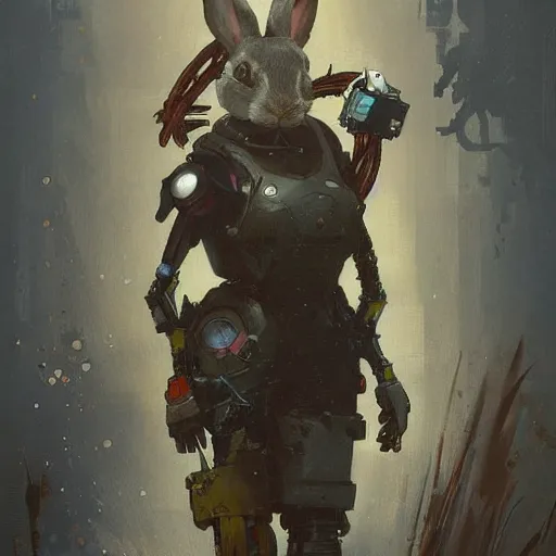 Prompt: grungy rabbit hare that is half robot illustration by greg rutkowski, thomas kindkade, alphonse mucha, cyborg bunny, norman rockwell. Trending on artstation.