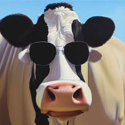 Prompt: a portrait of a Holstein cow wearing sunglasses with the reflection of a barn in the glasses, photorealistic, highly detailed